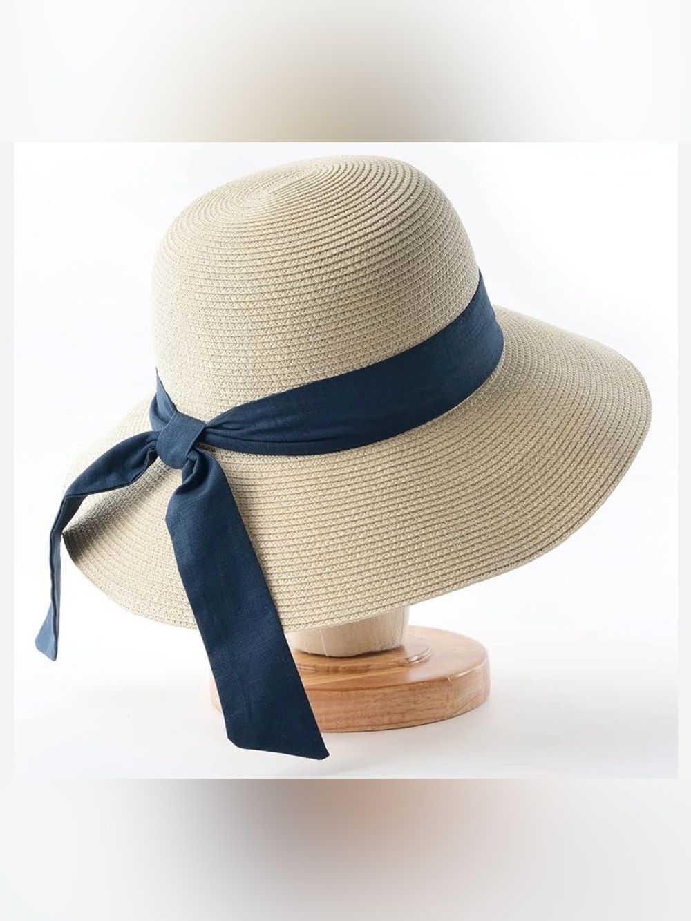 Wide Brim Cream Straw Sun Hat with Teal Ribbon Tie